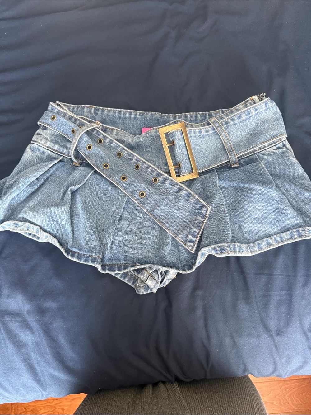 Edikted Denim Pleated Skort with Wide Belt in Light Blue